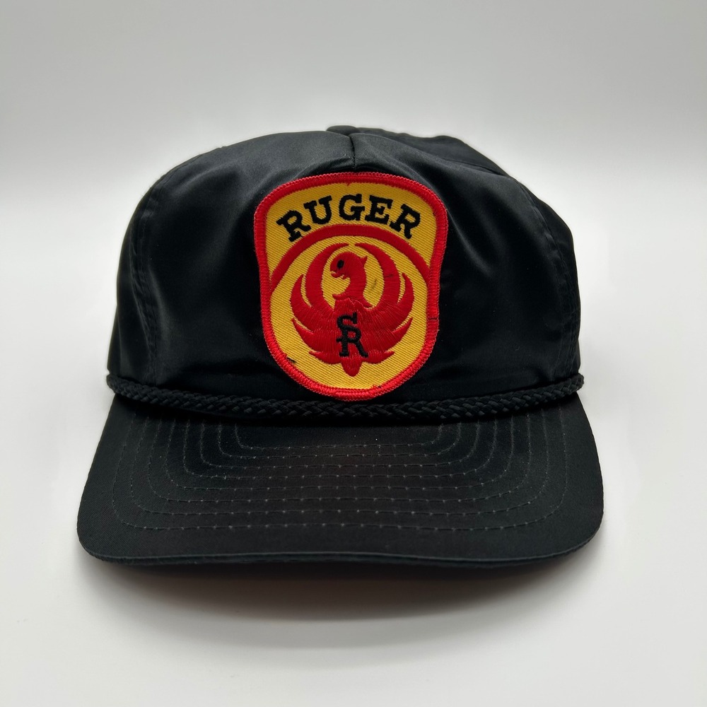 Vintage Ruger Firearms Hat Mens Black Rope Cap Embroidered Patch Strap Rare USA
